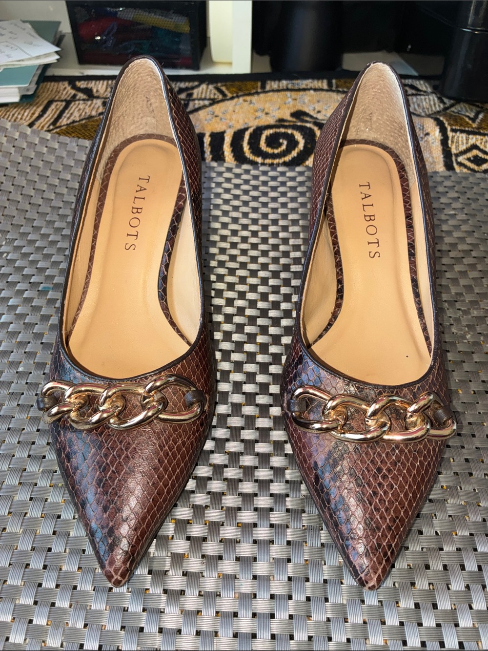 Talbots Dark Brown Snake-Embossed Pointed Pumps with Gold Chain